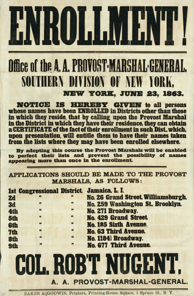 Wervingsposter voor de Zuidelijke Divisie van New York, 23 juni 1863 door American School